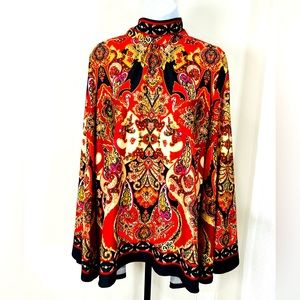 Multicolor Paisley Print Mandarin Neck Bell Sleeve Top Size L